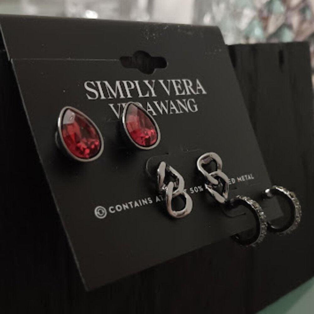 VERA WANG Goth 3pc SET Red Teardrop Crystal/Gunmetal Chain/Crystal Hoop Earrings - Picture 2 of 3